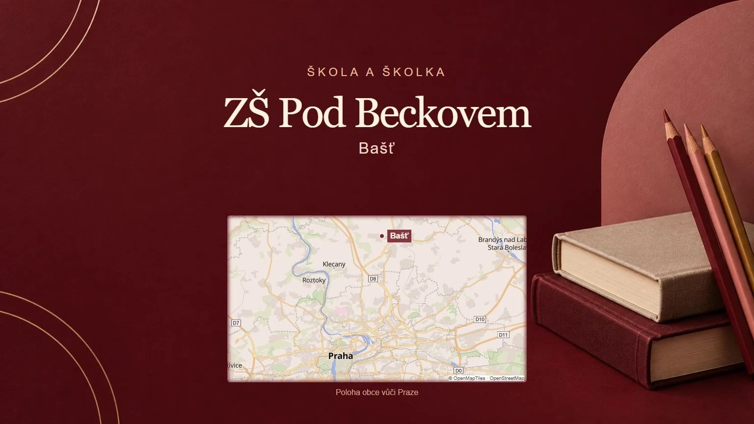 ZŠ Pod Beckovem – Bašť, tematická AI ilustrace s orientační mapou obce vůči Praze