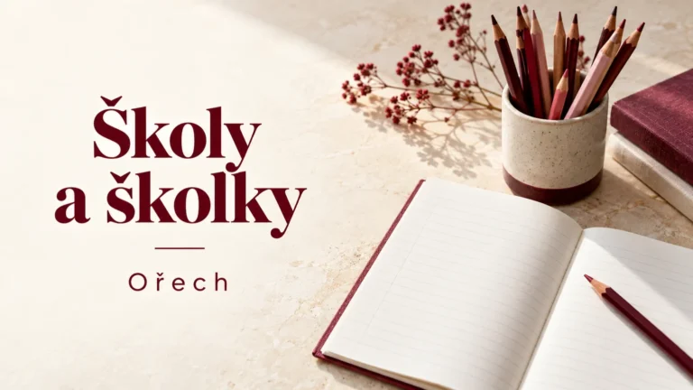 Pastelky a otevřený sešit – Školy a školky, Ořech