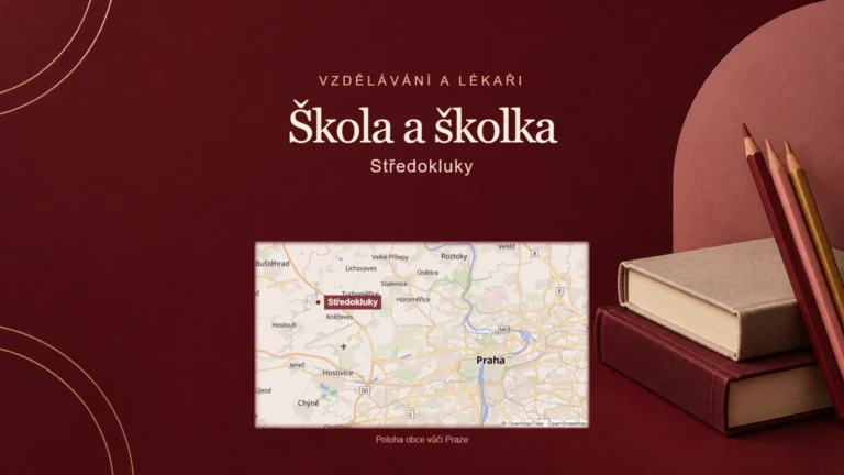 Škola a školka, Středokluky – tematická AI ilustrace s orientační mapou obce vůči Praze