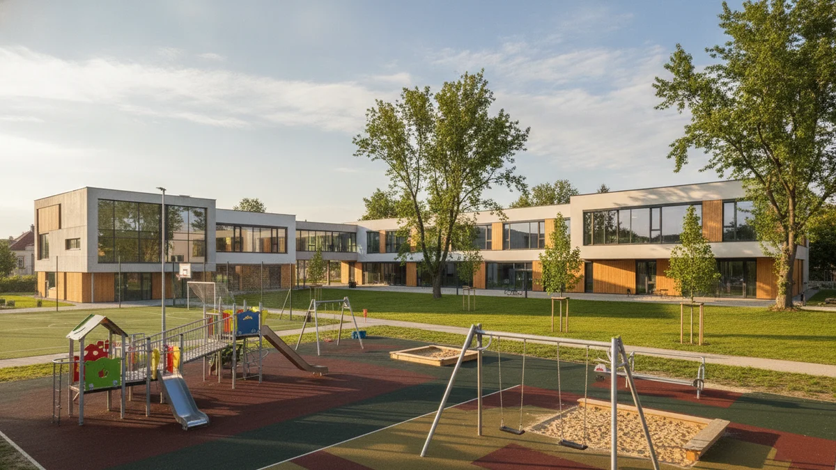 Školní budova a hřiště v obci
