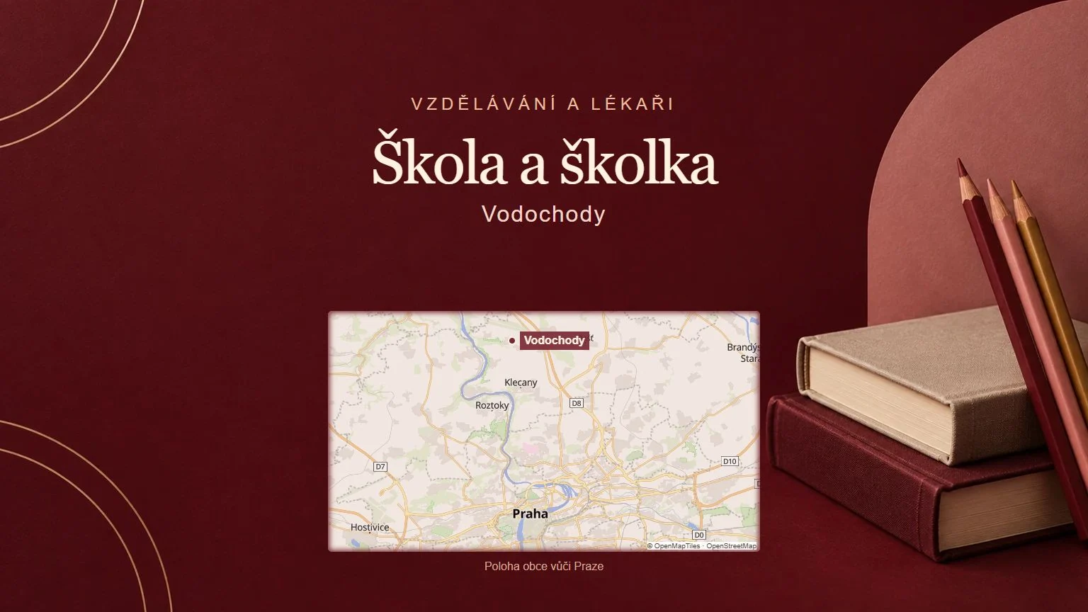 Škola a školka, Vodochody – tematická AI ilustrace s orientační mapou obce vůči Praze
