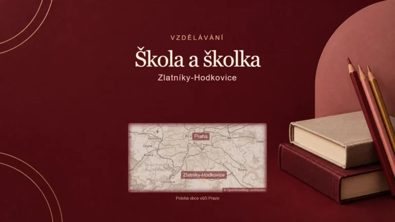 Škola a školka, Zlatníky-Hodkovice – tematická AI ilustrace s orientační mapou obce vůči Praze