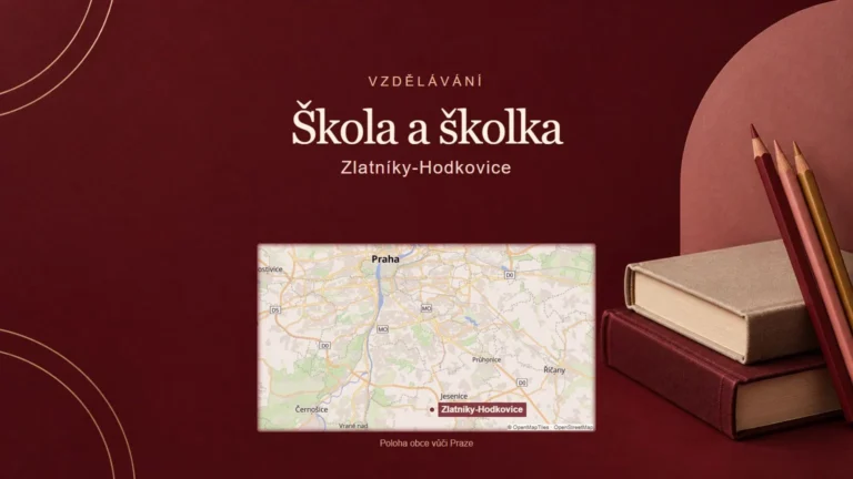 Škola a školka, Zlatníky-Hodkovice – tematická AI ilustrace s orientační mapou obce vůči Praze