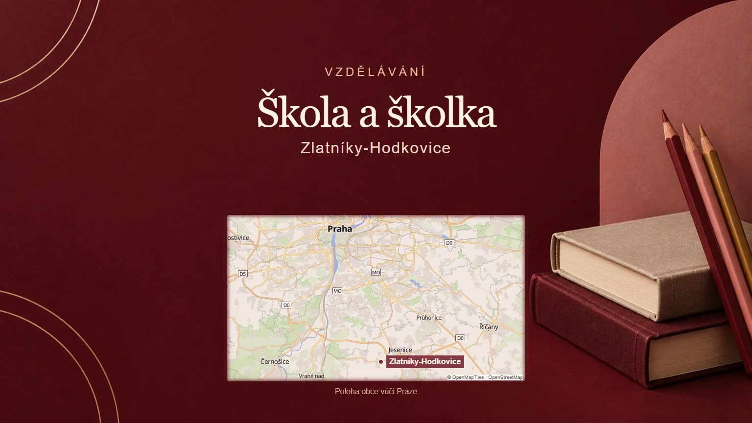Škola a školka, Zlatníky-Hodkovice – tematická AI ilustrace s orientační mapou obce vůči Praze