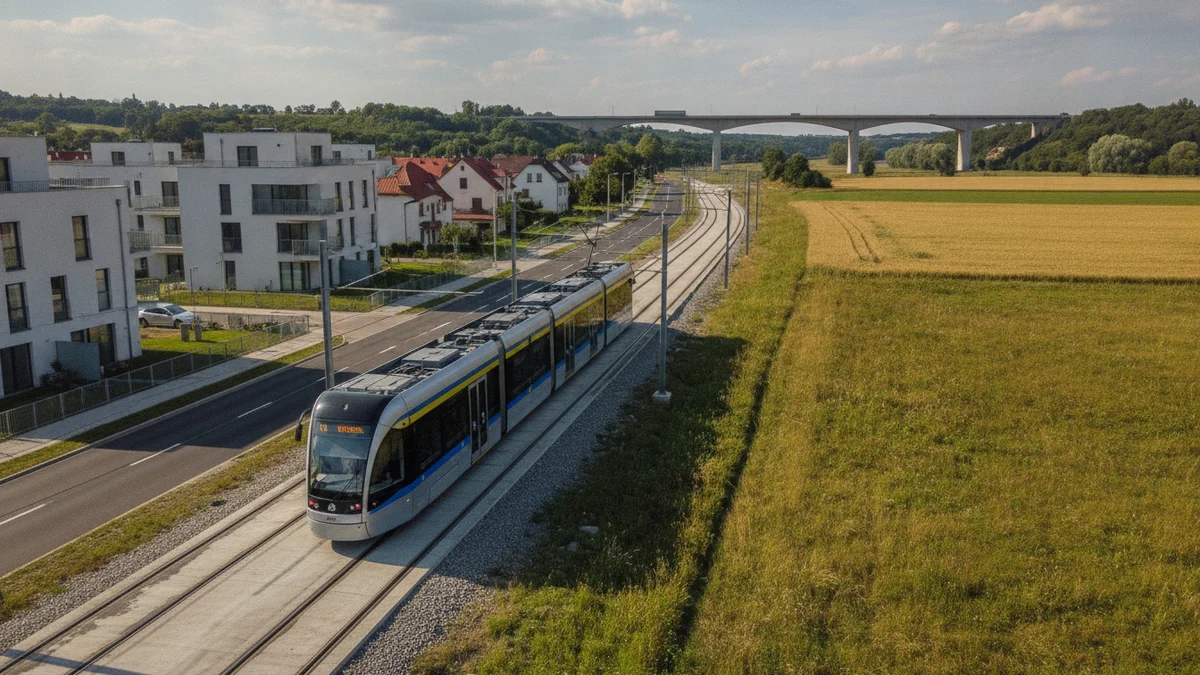 Moderní tramvaj na nové trati na okraji města