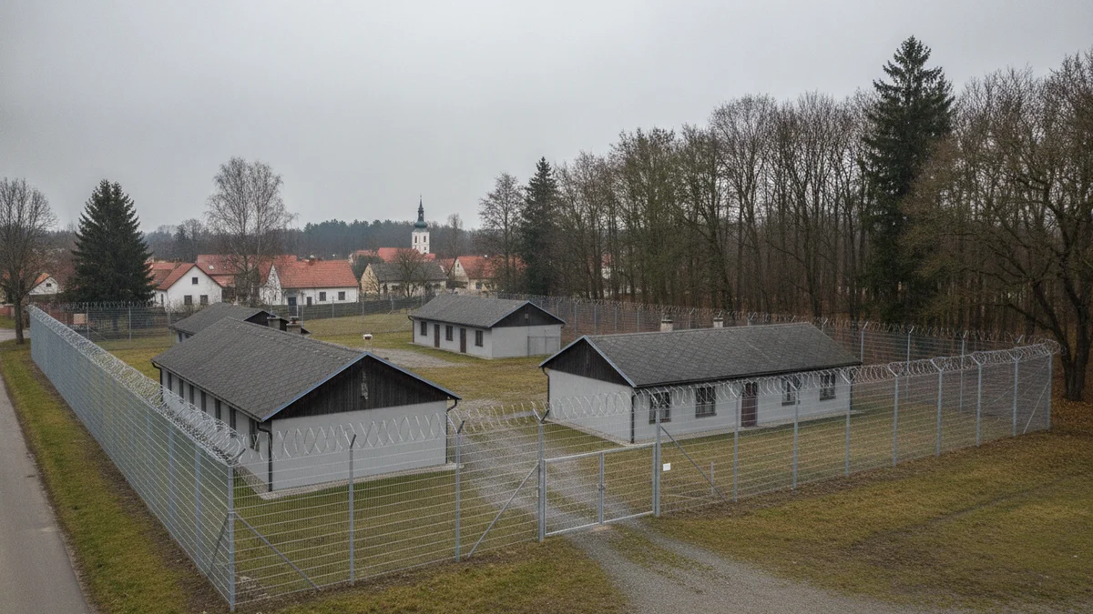 Plot a budovy areálu na okraji obce