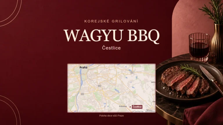 WAGYU BBQ, Čestlice – tematická AI ilustrace s orientační mapou obce vůči Praze