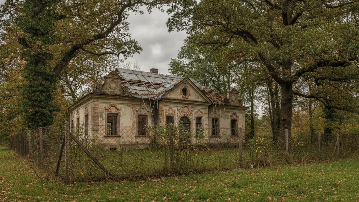 Opuštěný barokní zámek s provizorní střechou