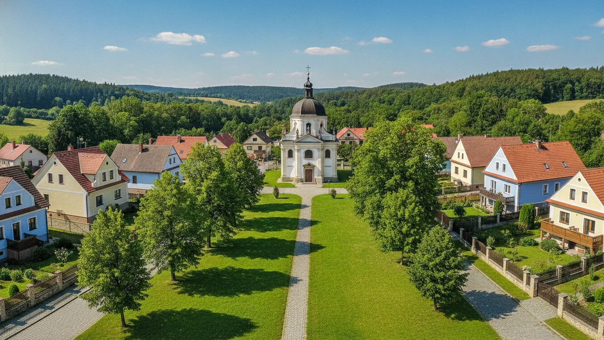 Náves příměstské obce s kostelem