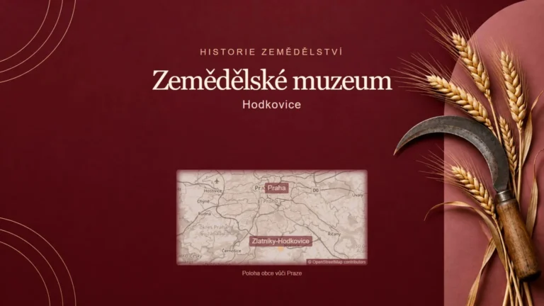 Zemědělské muzeum, Hodkovice – tematická AI ilustrace s orientační mapou obce vůči Praze