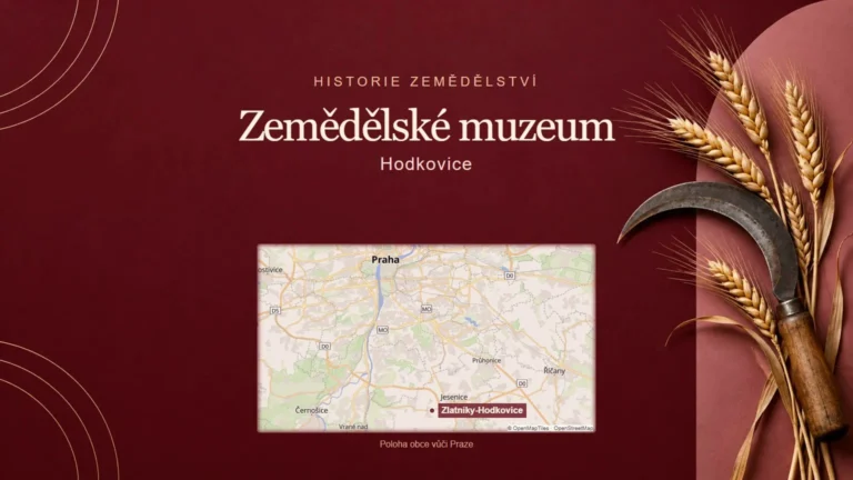 Zemědělské muzeum, Hodkovice – tematická AI ilustrace s orientační mapou obce vůči Praze