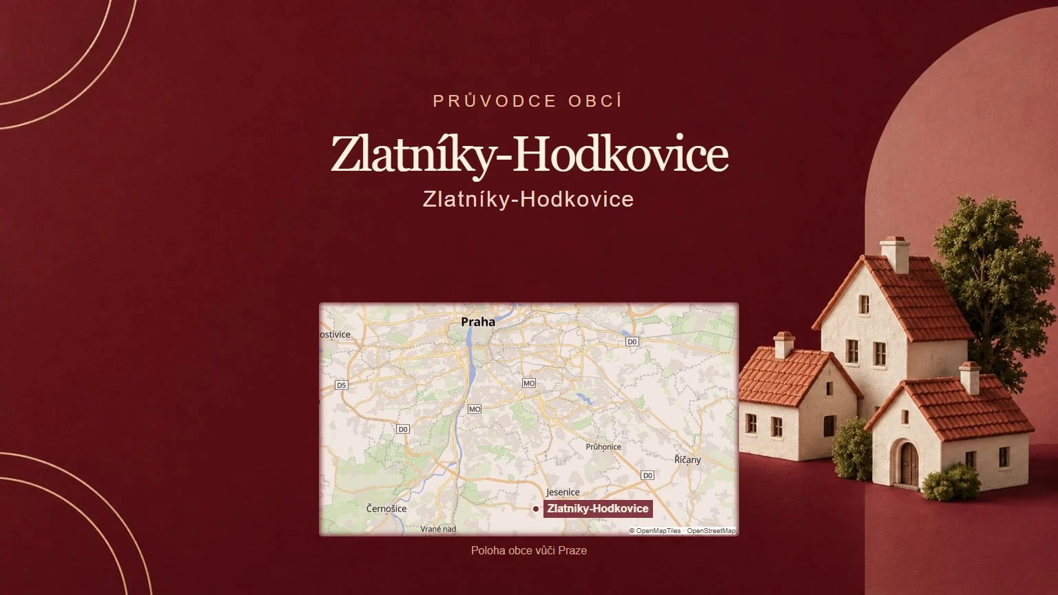 Zlatníky-Hodkovice, Zlatníky-Hodkovice – tematická AI ilustrace s orientační mapou obce vůči Praze