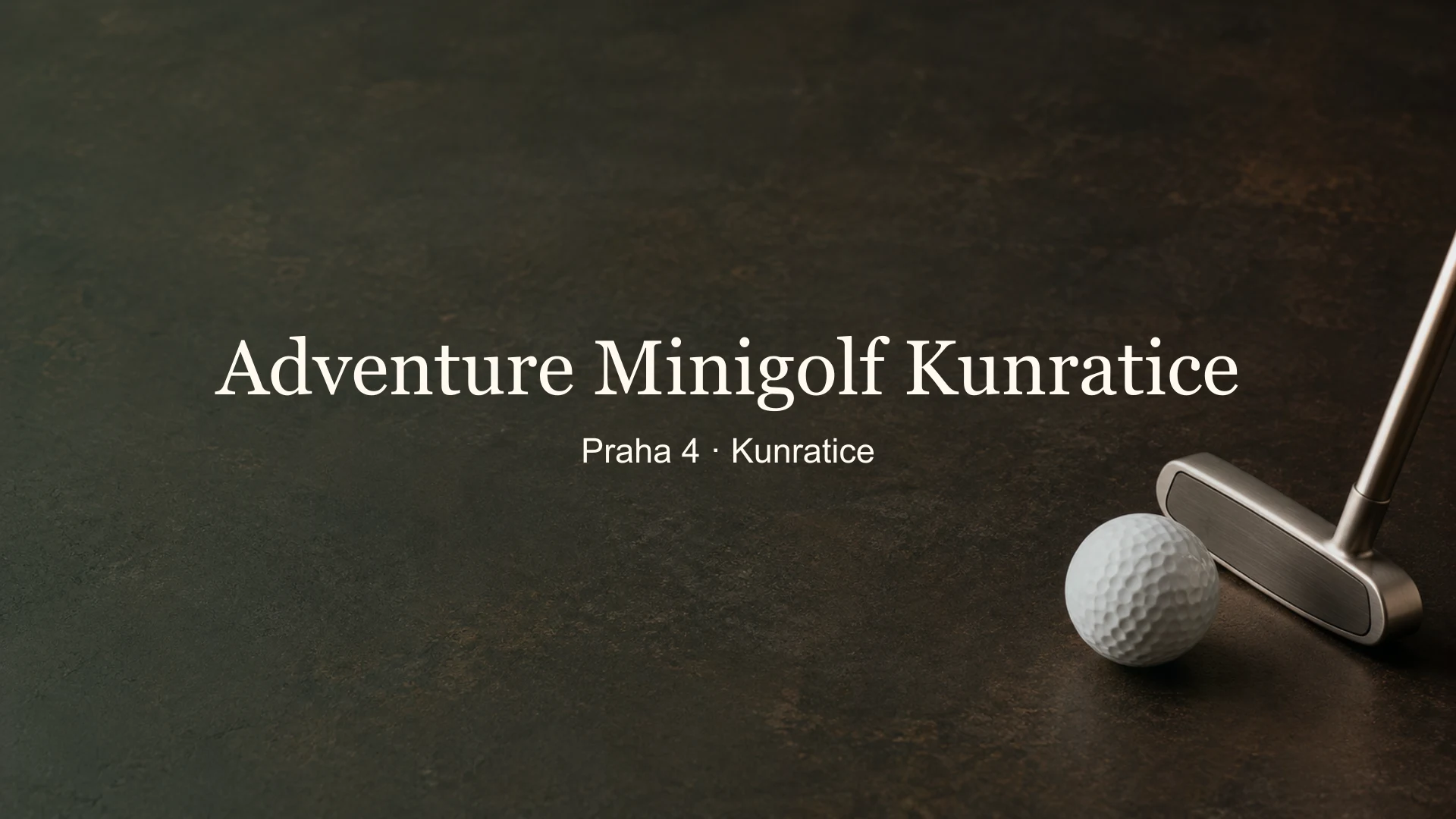 Tematické zátiší golfového míčku a pomůcek s titulkem Adventure Minigolf Kunratice, Praha 4 · Kunratice