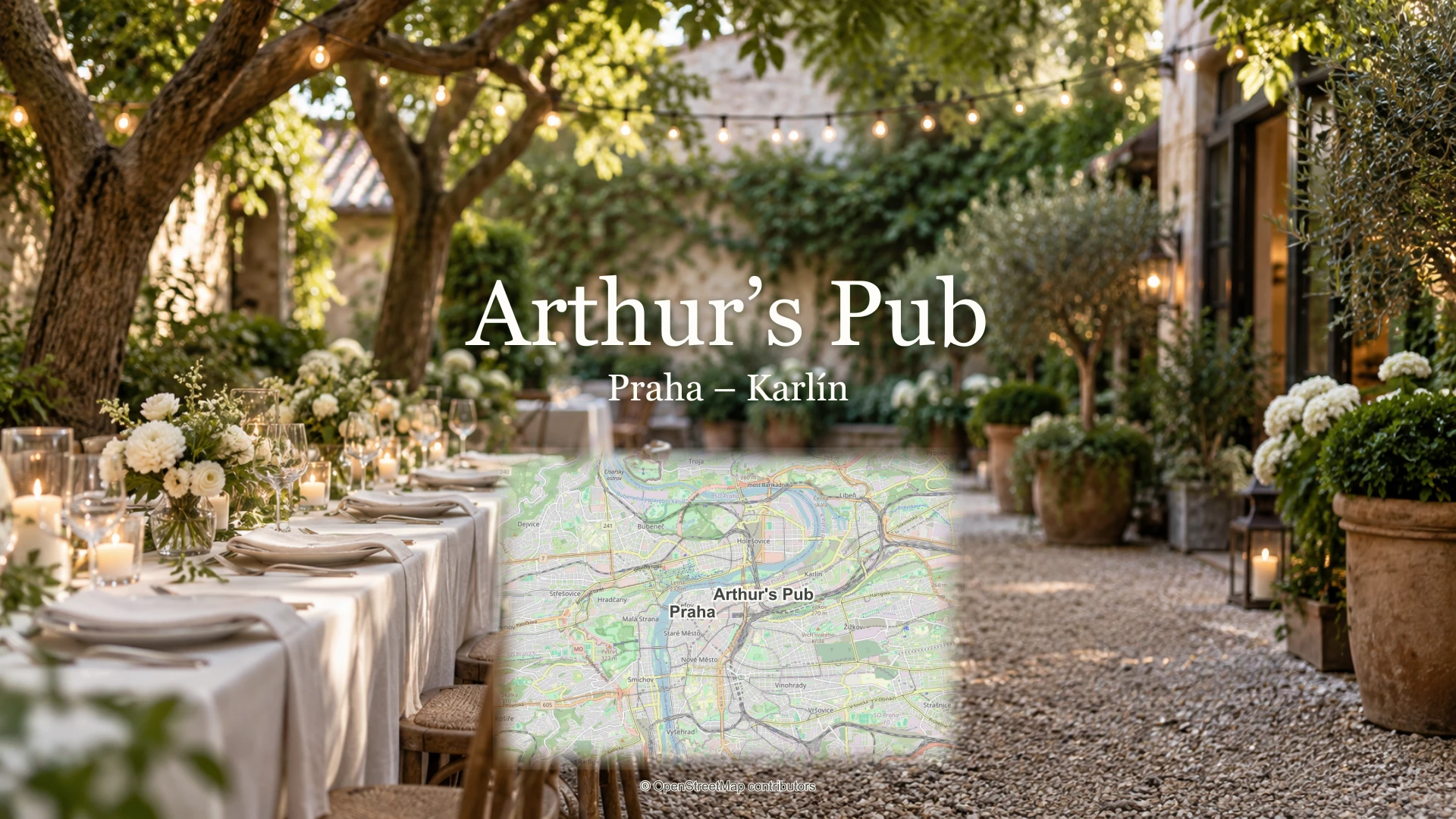 Arthur’s Pub, Praha – Karlín: svatební motiv a mapa se skutečnou polohou místa a Prahy.