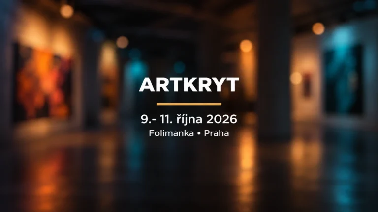 ArtKryt: bílý titulek se zlatou linkou na rozostřeném podzemním galerijním pozadí s datem 9. až 11. října 2026