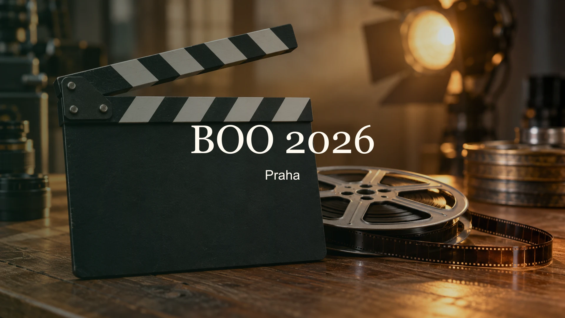 Filmová klapka a cívka s názvem BOO 2026 a lokalitou Praha.
