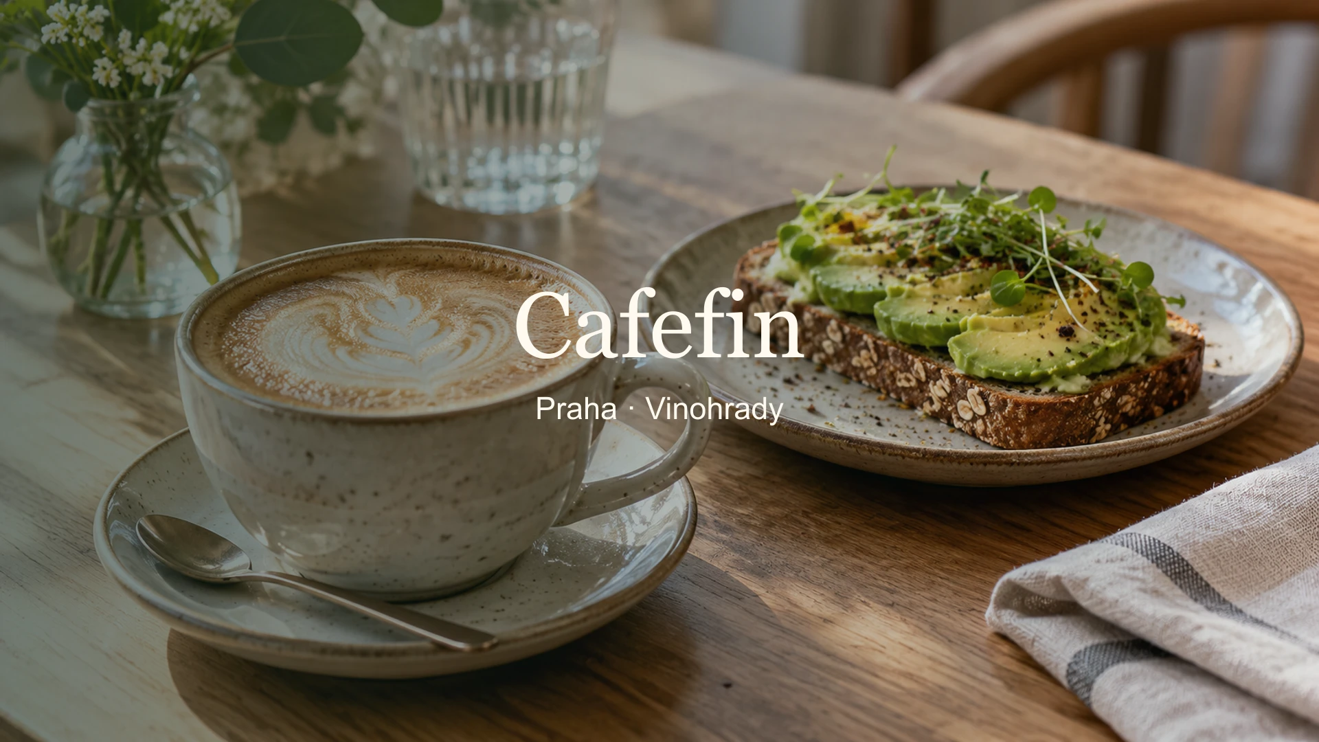 Šálek kávy a avokádový toast s názvem Cafefin a lokalitou Praha – Vinohrady.
