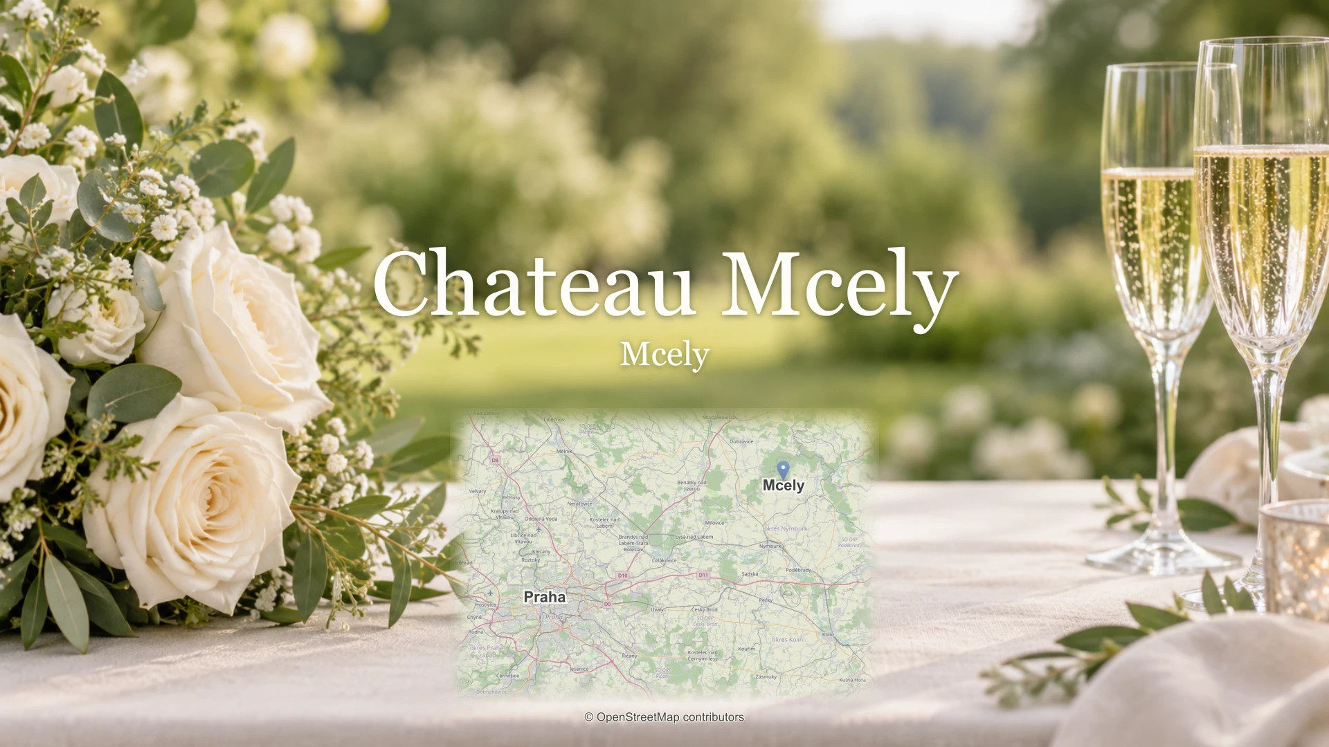 Chateau Mcely, Mcely: svatební květiny, sklenky a skutečná mapa polohy.