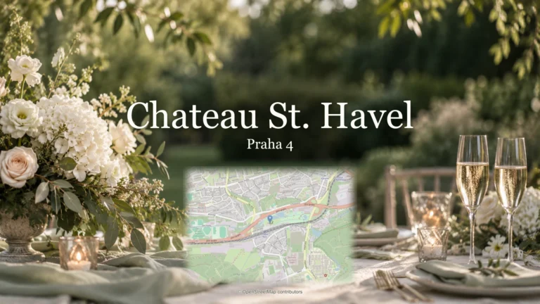 Chateau St. Havel, Praha 4: svatební květiny, sklenky a mapa polohy.