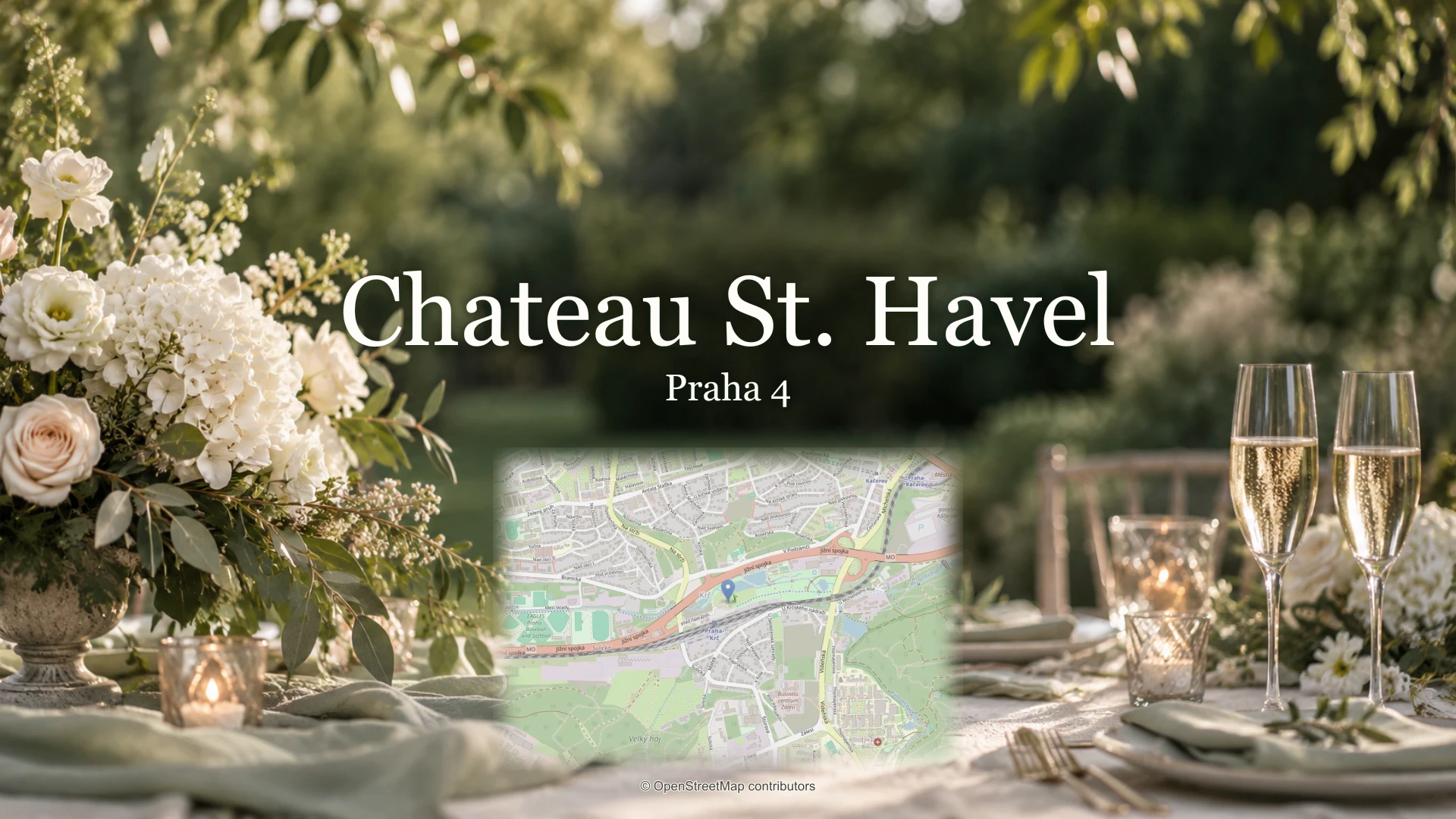 Chateau St. Havel, Praha 4: svatební květiny, sklenky a mapa polohy.