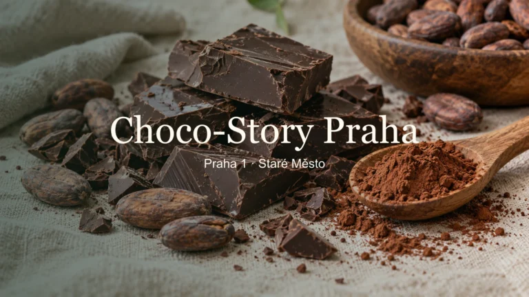 Kousky čokolády a kakaové boby s názvem Choco-Story Praha a lokalitou Staré Město.
