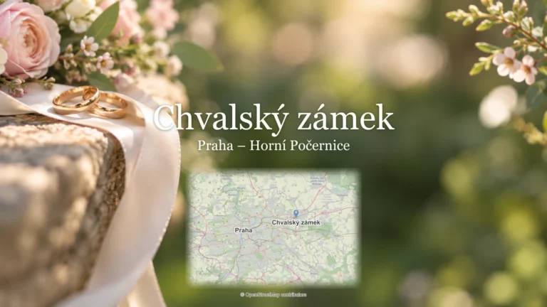 Chvalský zámek, Praha – Horní Počernice: svatební detail a skutečná mapa s polohou místa a Prahy.