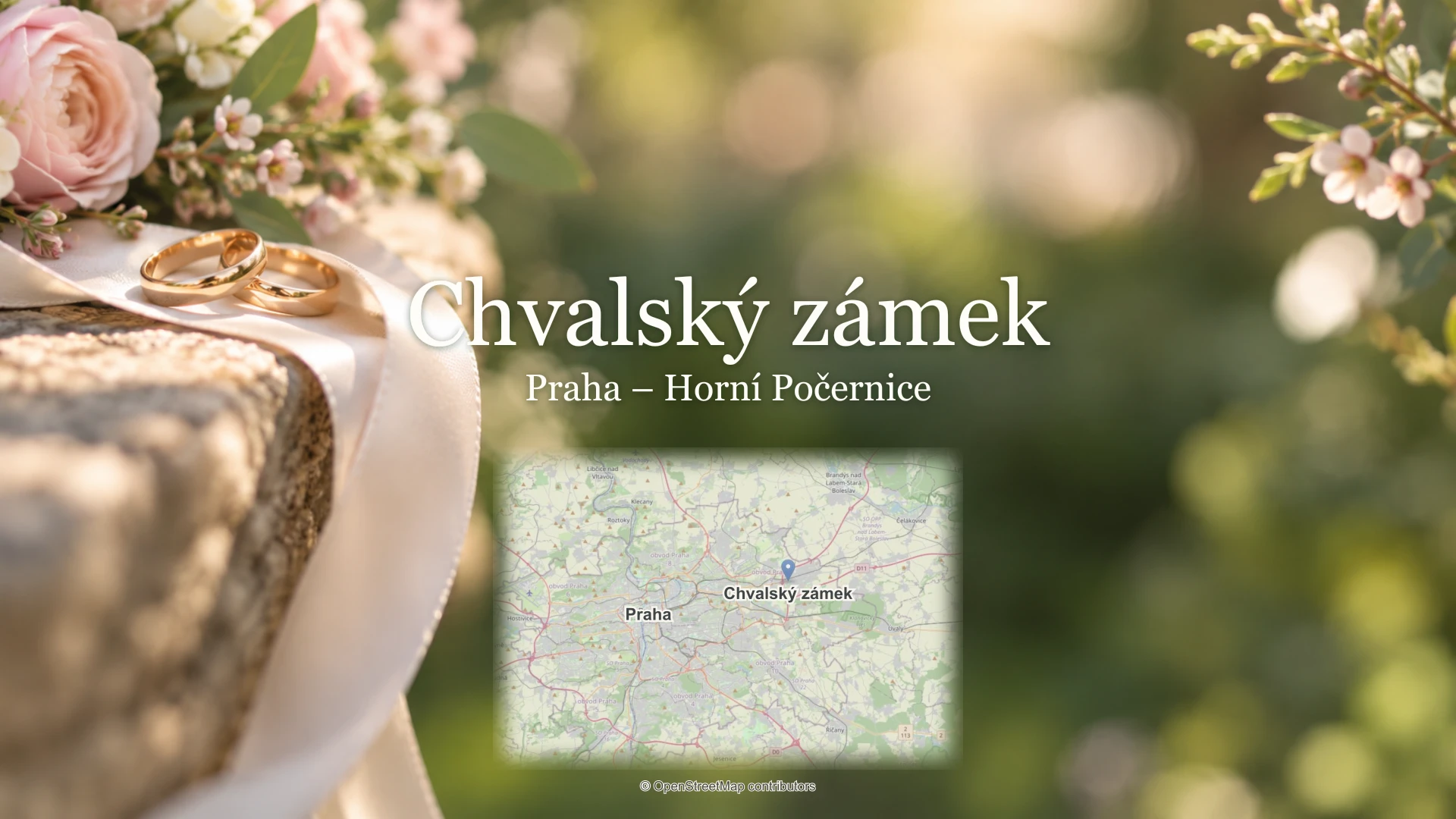 Chvalský zámek, Praha – Horní Počernice: svatební detail a skutečná mapa s polohou místa a Prahy.