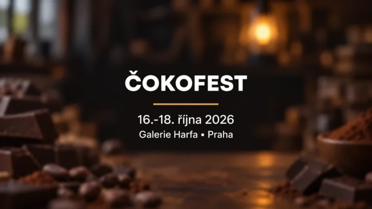 ČokoFest 2026 v Galerii Harfa: bílý název na rozostřeném čokoládovém pozadí