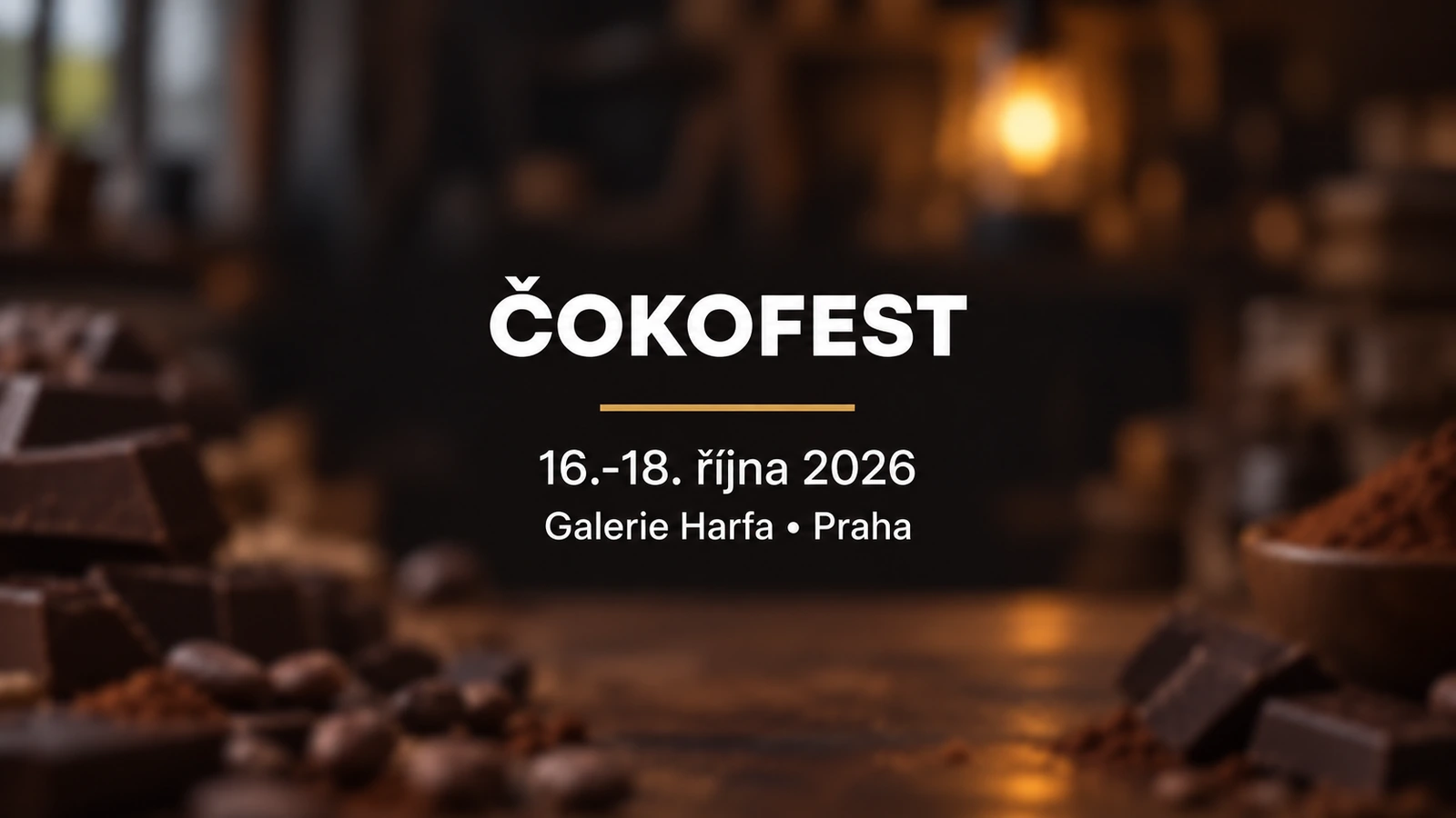 ČokoFest 2026 v Galerii Harfa: bílý název na rozostřeném čokoládovém pozadí