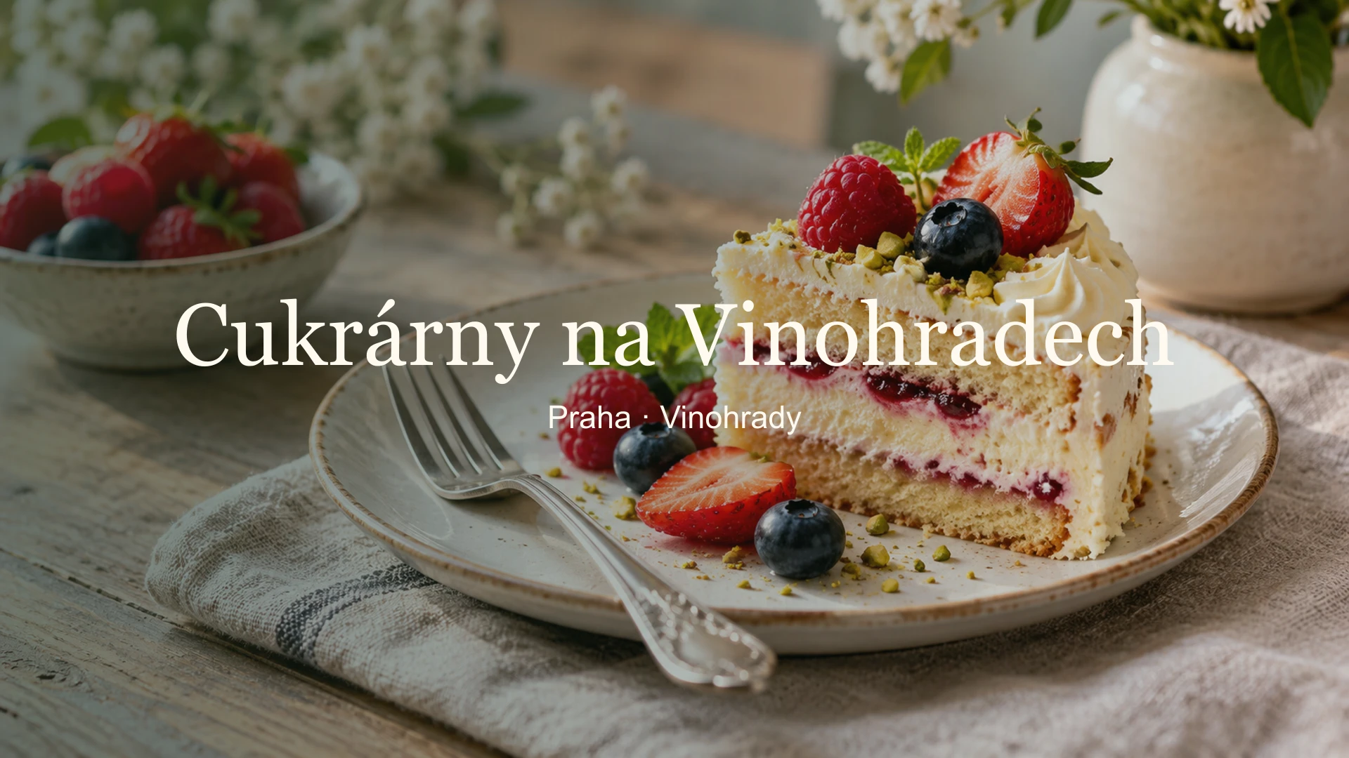 Detail dortu na talířku s názvem Cukrárny na Vinohradech a lokalitou Praha – Vinohrady.
