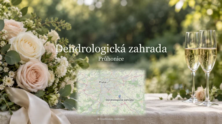 Dendrologická zahrada, Průhonice: svatební květiny, sklenky a skutečná mapa s polohou Prahy a místa.