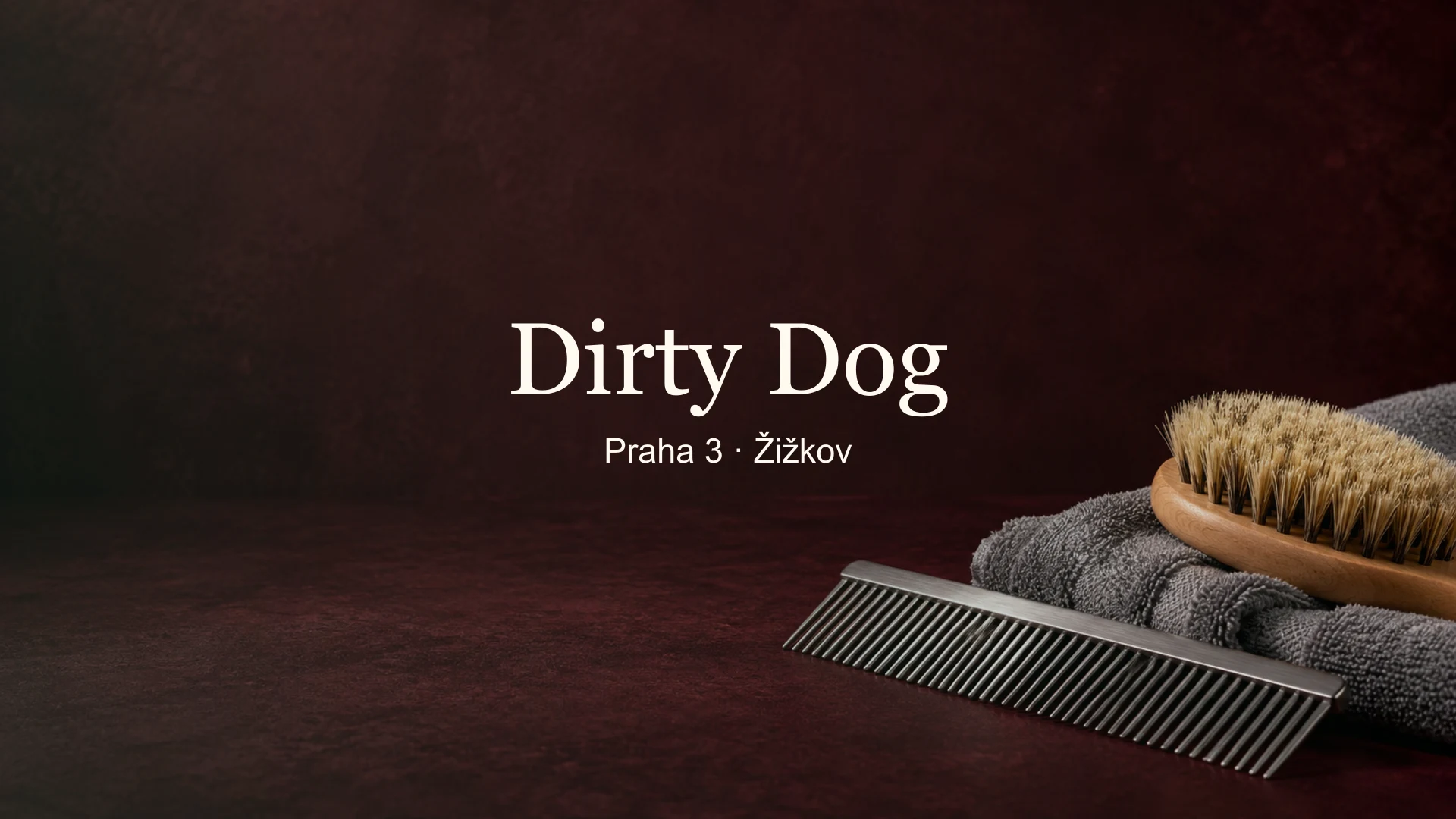 Tematické zátiší ručníku a pomůcek k úpravě psí srsti s titulkem Dirty Dog, Praha 3 · Žižkov