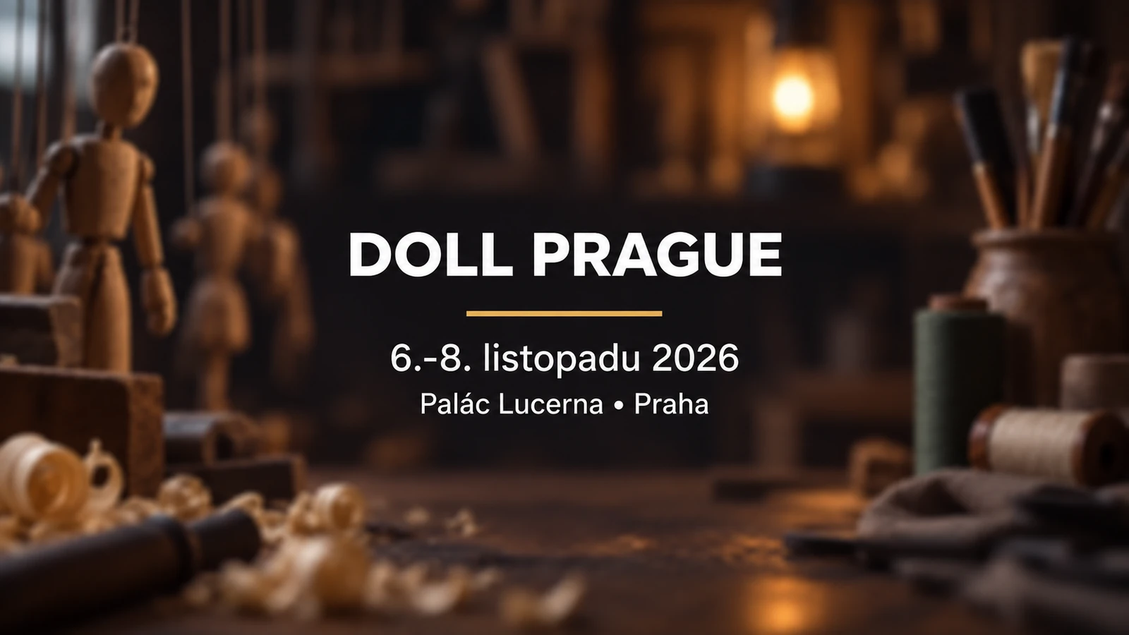 Doll Prague 2026: sjednocený bílý titulek na rozostřeném pozadí loutkářské dílny