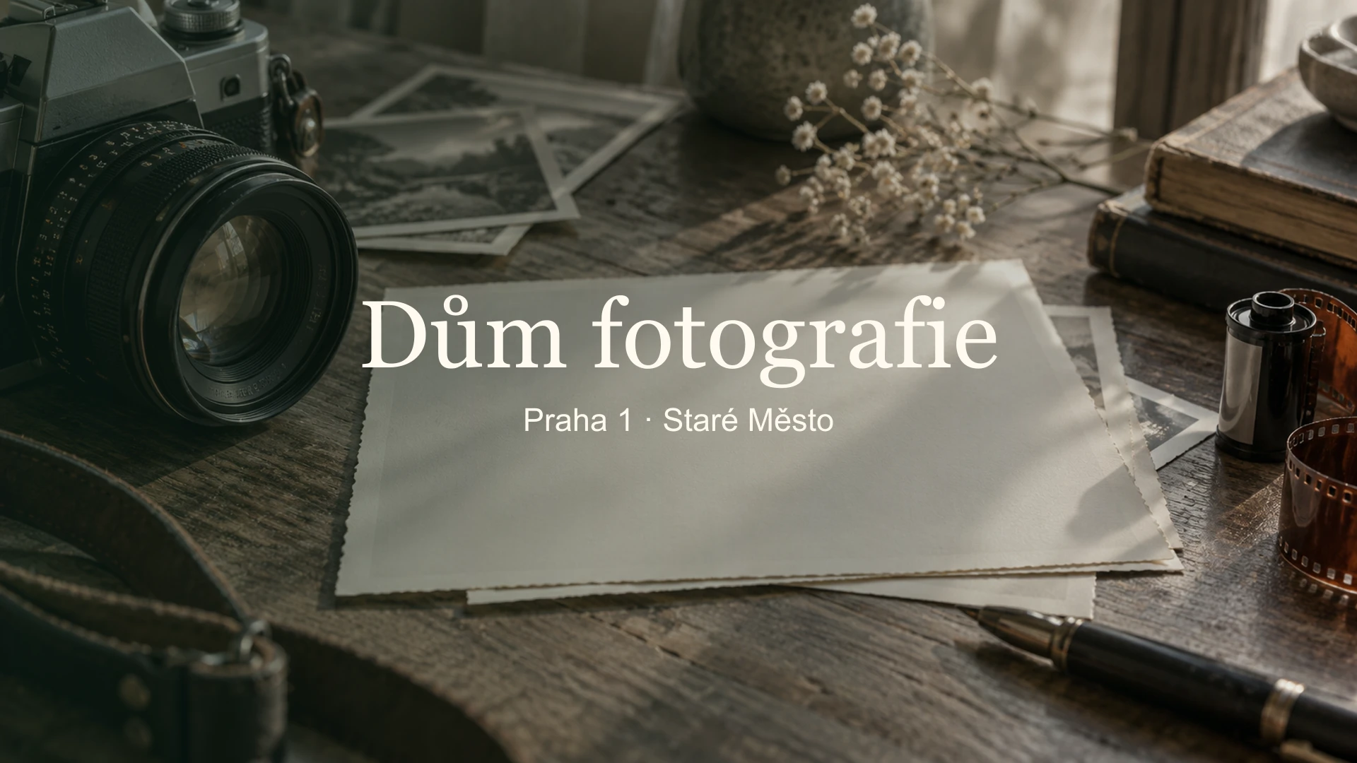 Dům fotografie – tematický fotografický detail s názvem místa a jemně rozostřeným pozadím.