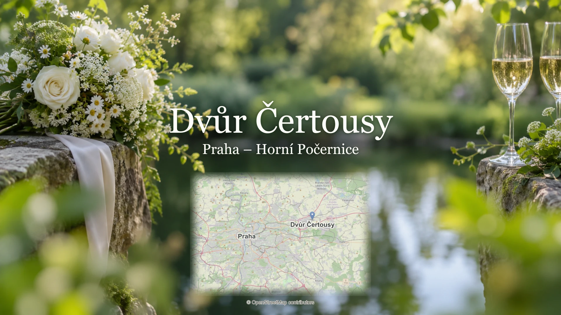 Dvůr Čertousy, Praha – Horní Počernice: svatební detail a skutečná mapa s polohou místa a Prahy.