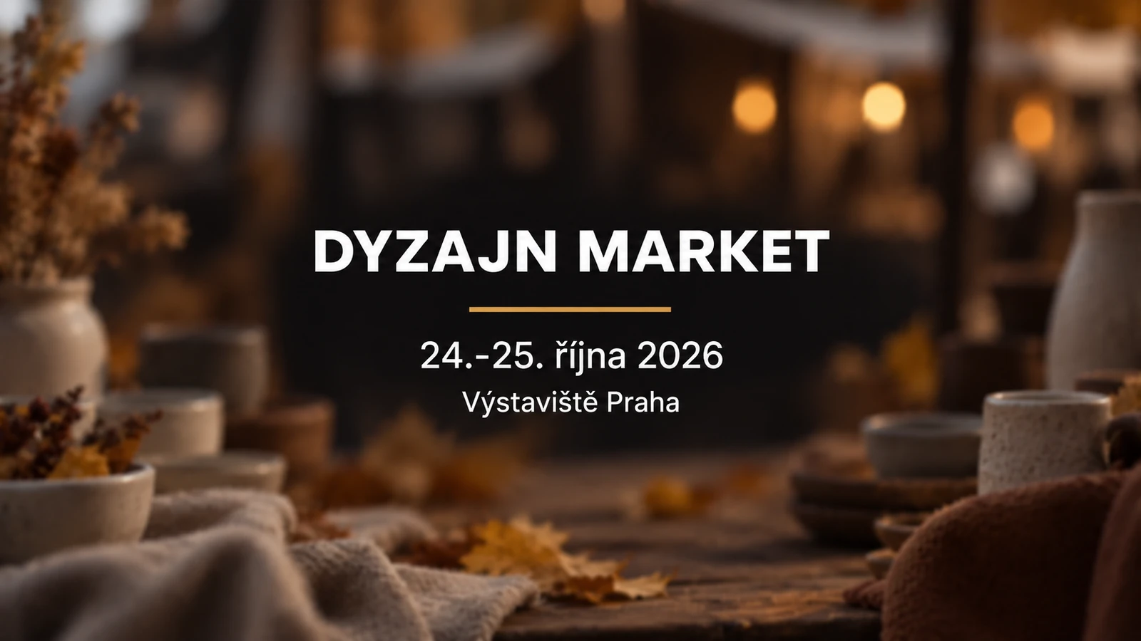 Dyzajn market Podzim 2026: bílý titulek na rozostřeném pozadí autorské keramiky