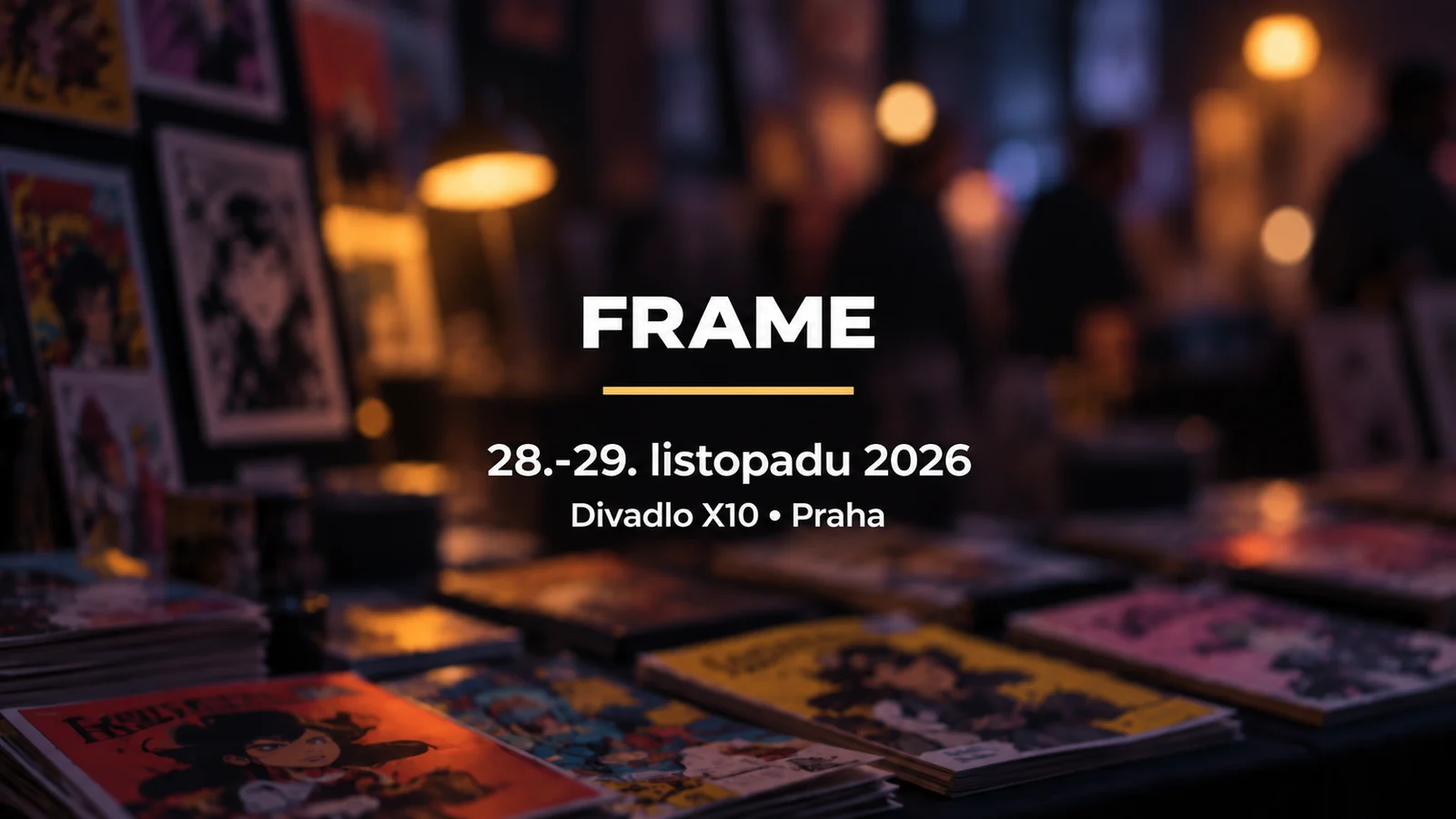 FRAME: bílý název a zlatá linka na rozostřeném pozadí komiksových knih