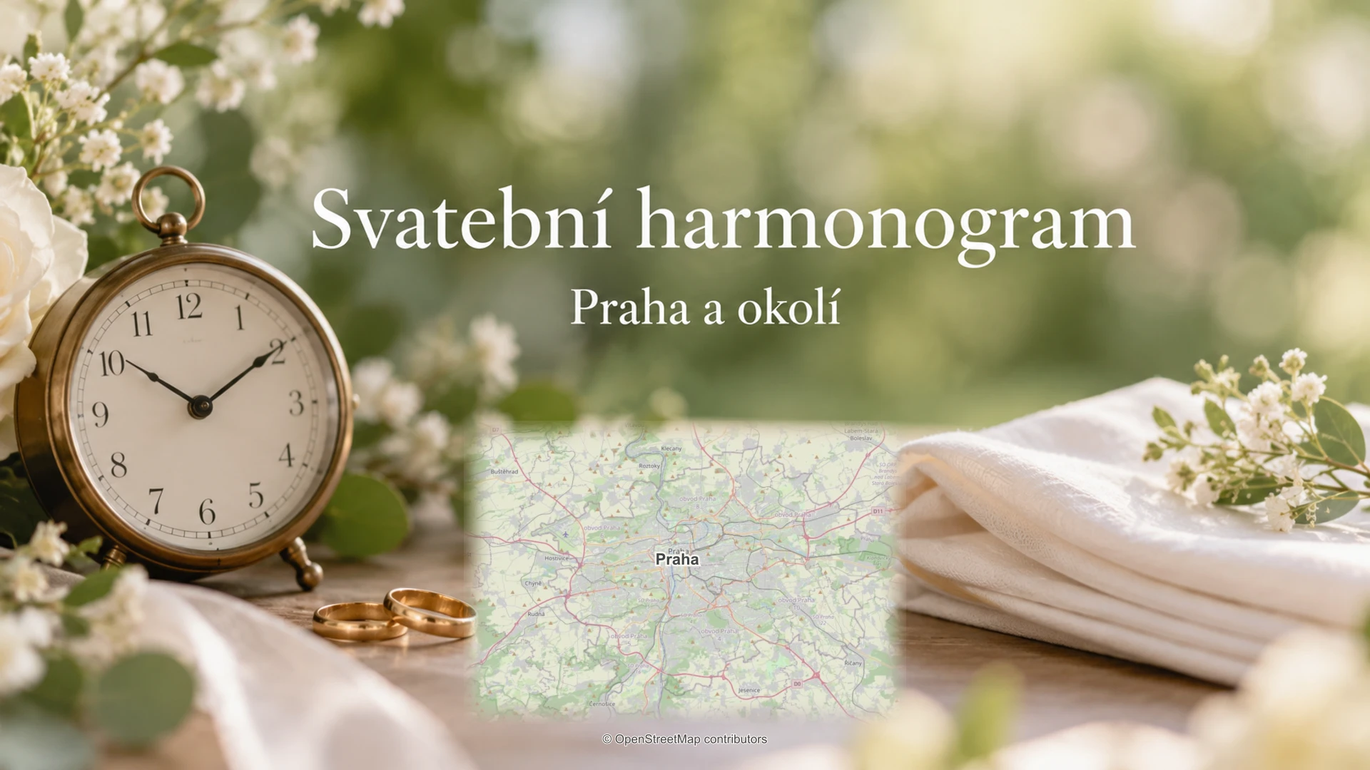 Svatební harmonogram: svatební detail a skutečná regionální mapa.
