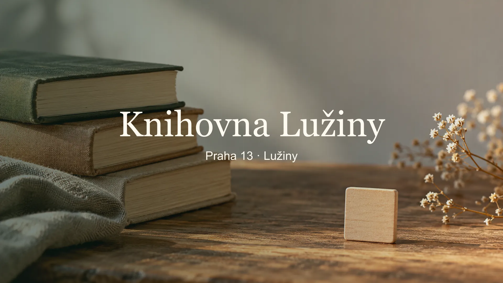 Tematické zátiší s knihami a čtenářskými potřebami, titulek Knihovna Lužiny, Praha 13 · Lužiny