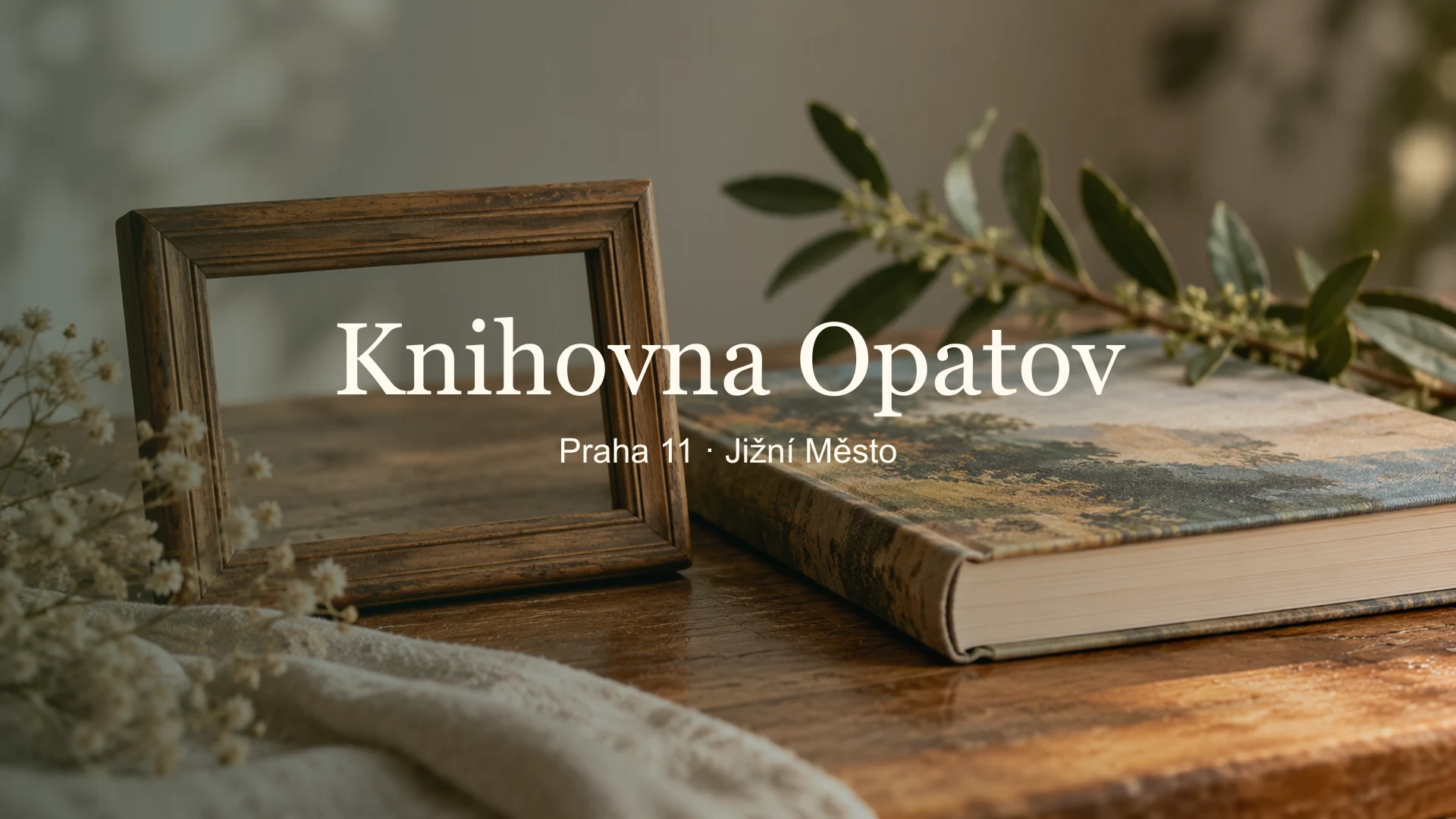 Zátiší s prázdným dřevěným rámem a knihou, titulek Knihovna Opatov a Artotéka, Praha 11 · Jižní Město