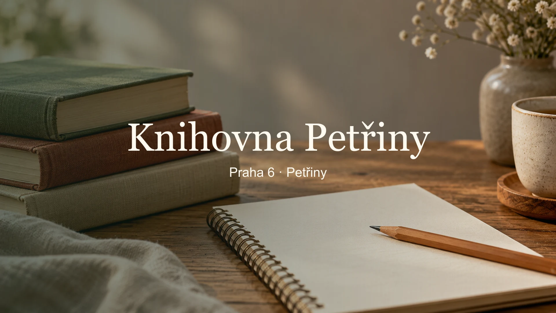 Tematické zátiší s knihami a čtenářskými potřebami, titulek Knihovna Petřiny, Praha 6 · Petřiny