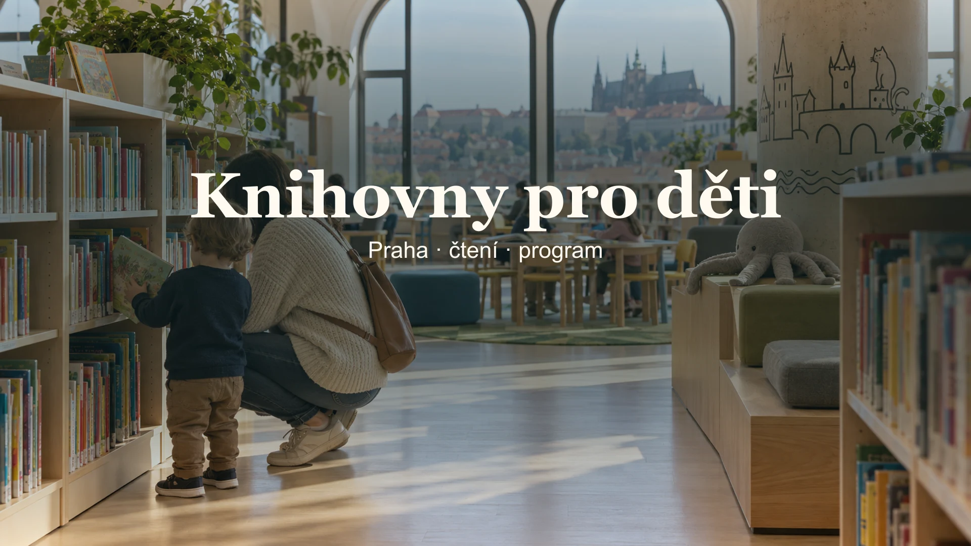Rodič s dítětem vybírají knihy v dětském oddělení knihovny.