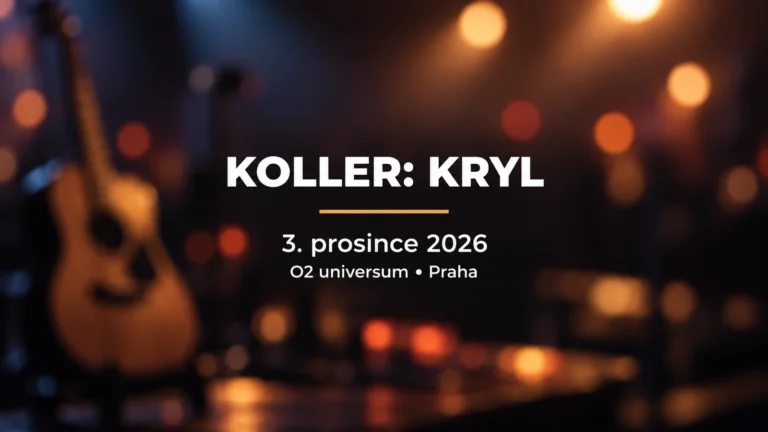 Koller: Kryl: bílý název a zlatá linka na rozostřeném kytarovém pozadí s datem koncertu