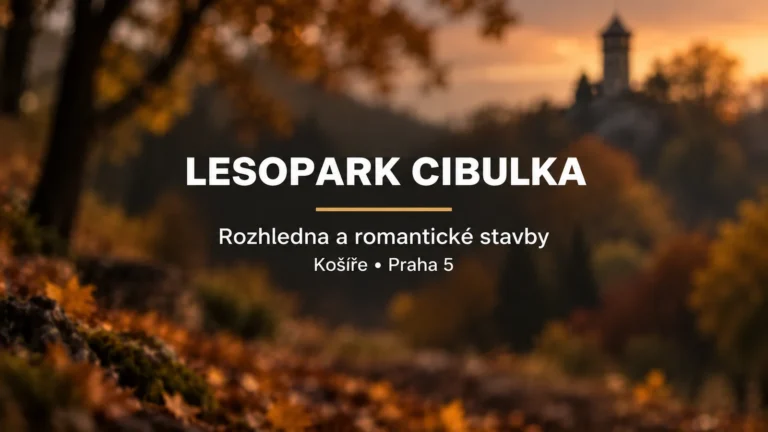 Lesopark Cibulka: bílý název se zlatou linkou na rozostřeném pozadí parku