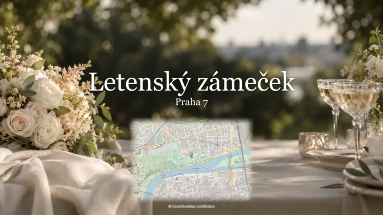 Letenský zámeček, Praha 7: svatební květiny, sklenky a skutečná mapa polohy.