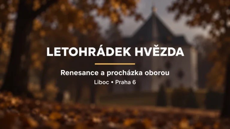 Letohrádek Hvězda: bílý název a zlatá linka na rozostřeném pozadí renesanční stavby a stromů