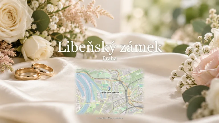 Libeňský zámek, Praha: svatební květiny, snubní prsteny a skutečná mapa polohy.