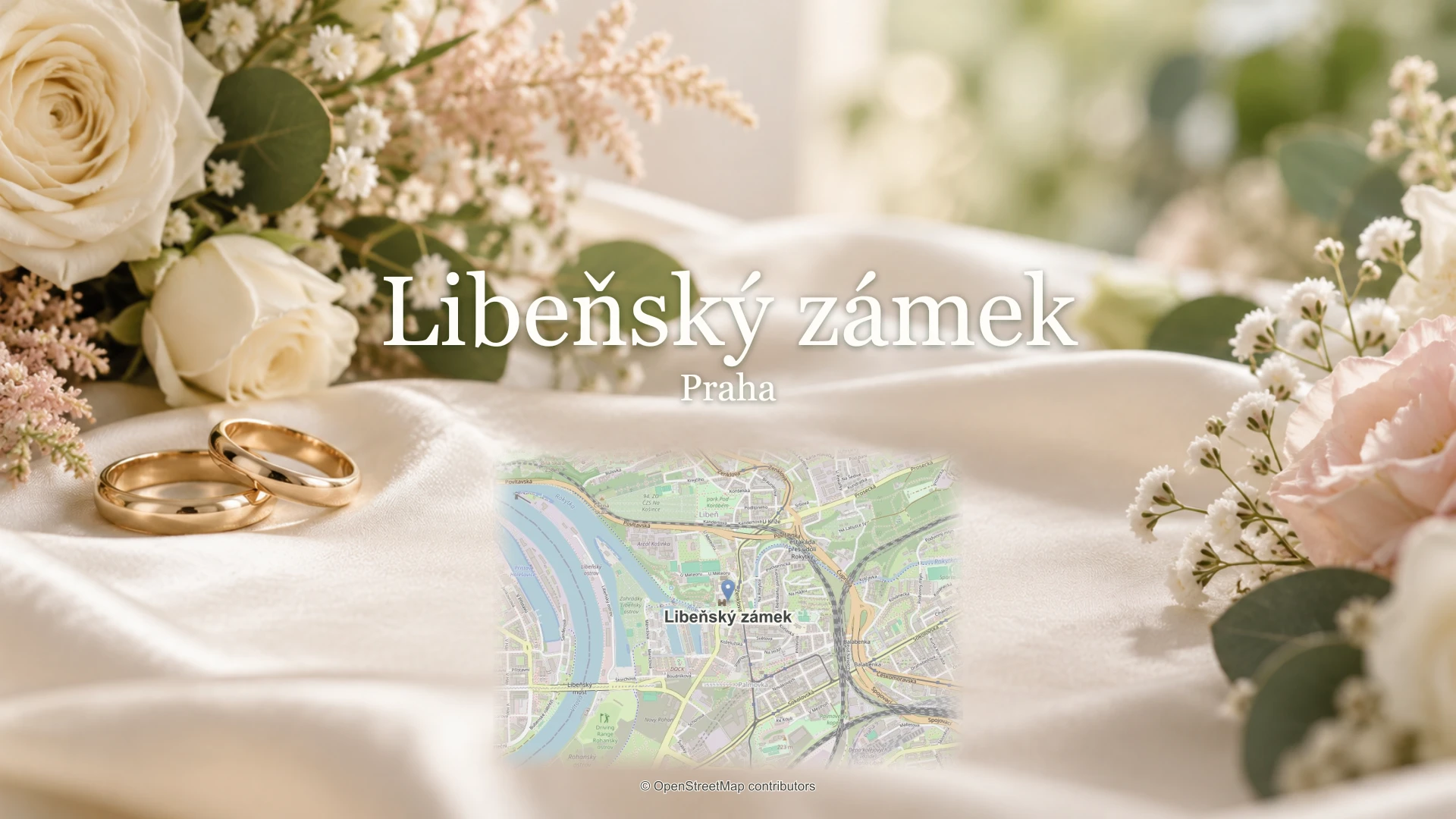 Libeňský zámek, Praha: svatební květiny, snubní prsteny a skutečná mapa polohy.