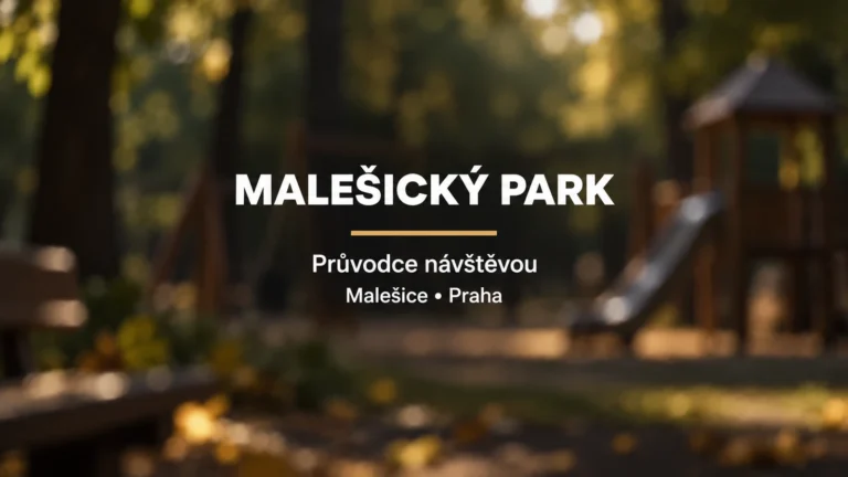 Malešický park: bílý titulek se zlatou linkou na výrazně rozostřeném pozadí zeleně a herních prvků