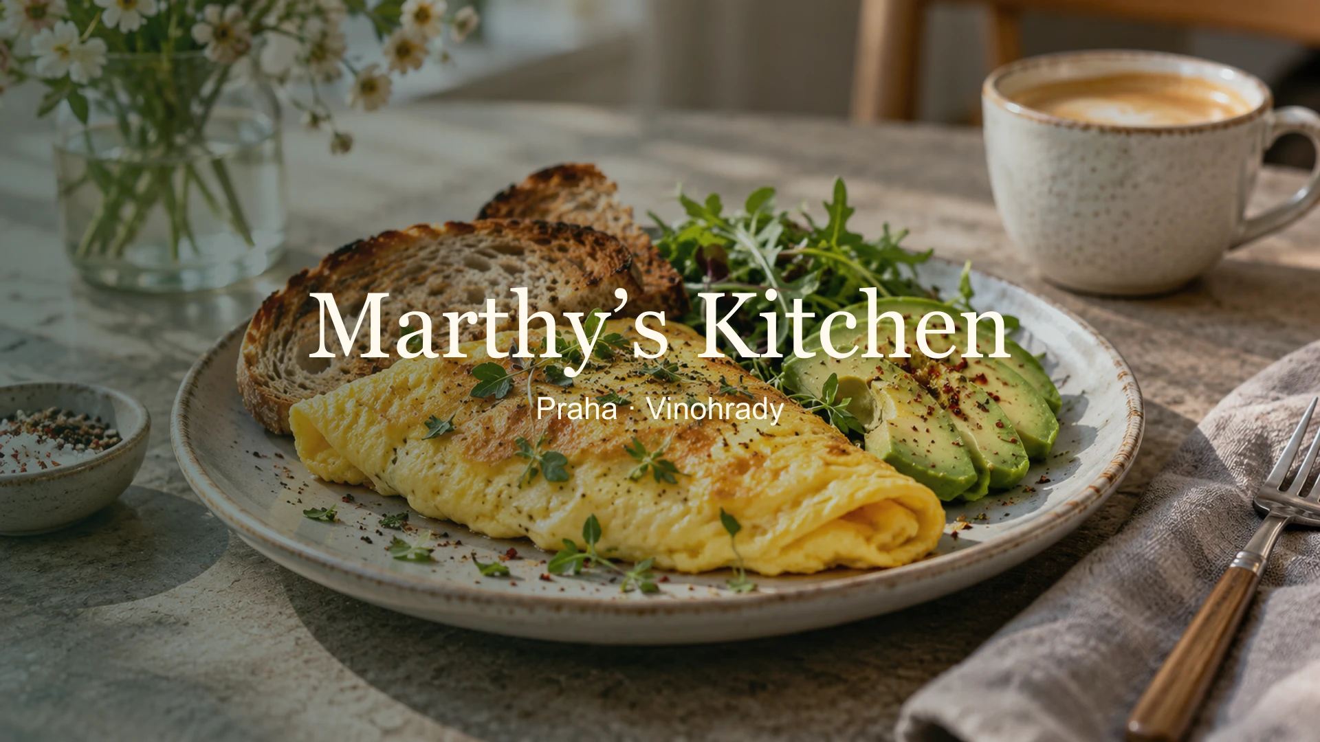 Omeleta s pečivem a avokádem s názvem Marthy’s Kitchen a lokalitou Praha – Vinohrady.